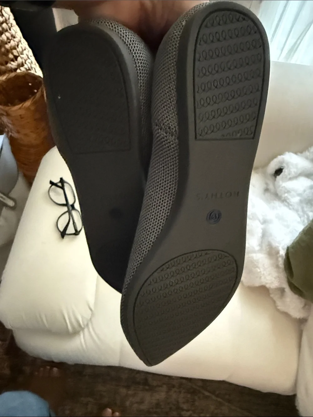 Rothy's Pointed Knit Flats in Gray with Blue Trim